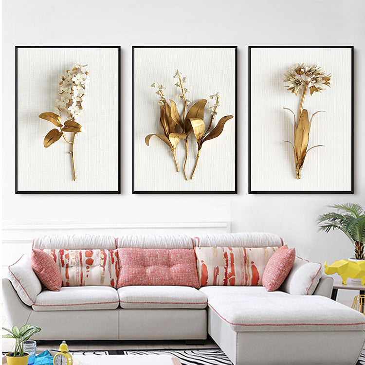 Light Luxury Golden Leaf Painting – Three‑Panel Wall Decor for Living Room Sofa Back