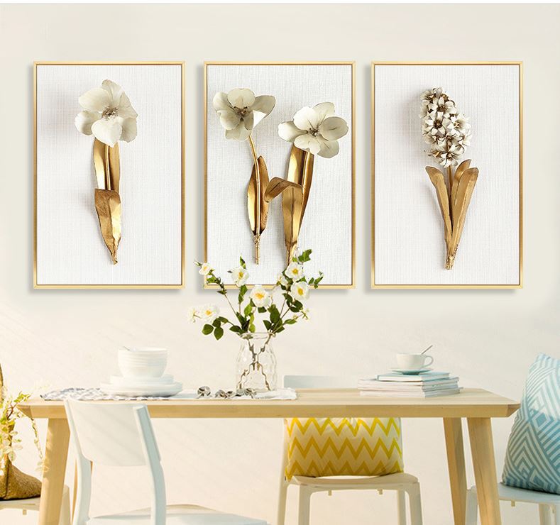 Light Luxury Golden Leaf Painting – Three‑Panel Wall Decor for Living Room Sofa Back