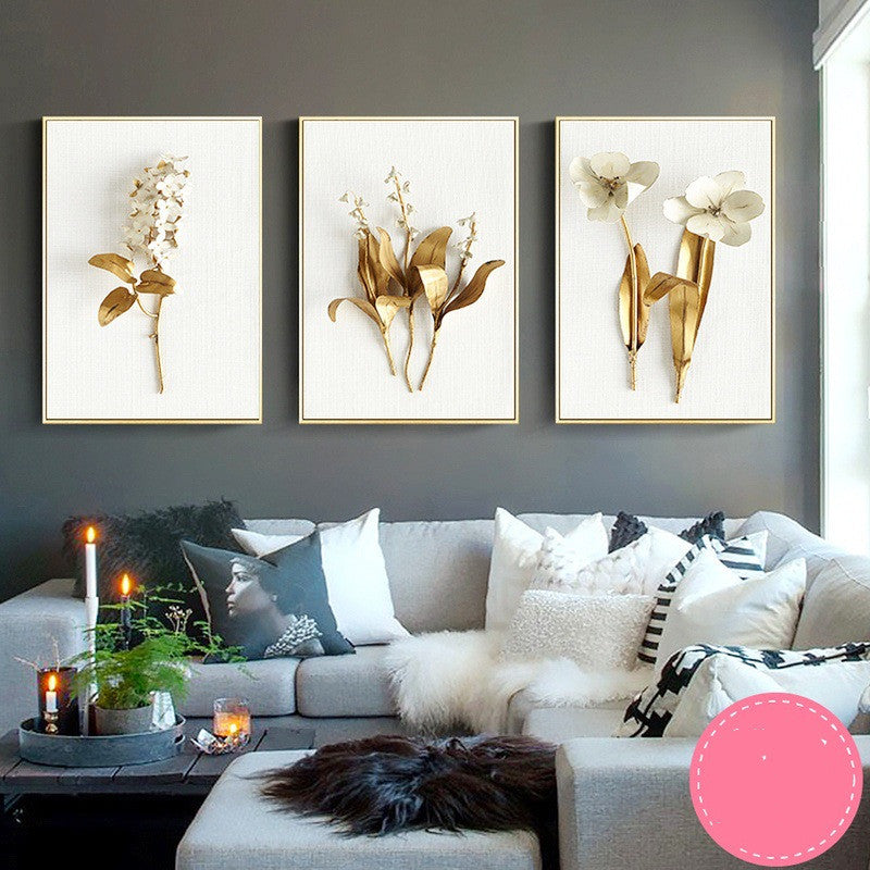 Light Luxury Golden Leaf Painting – Three‑Panel Wall Decor for Living Room Sofa Back
