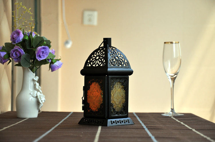 Moroccan‑Style Iron Stained Glass Wind Lamp – Retro Candle Table Decor for Home & Wedding