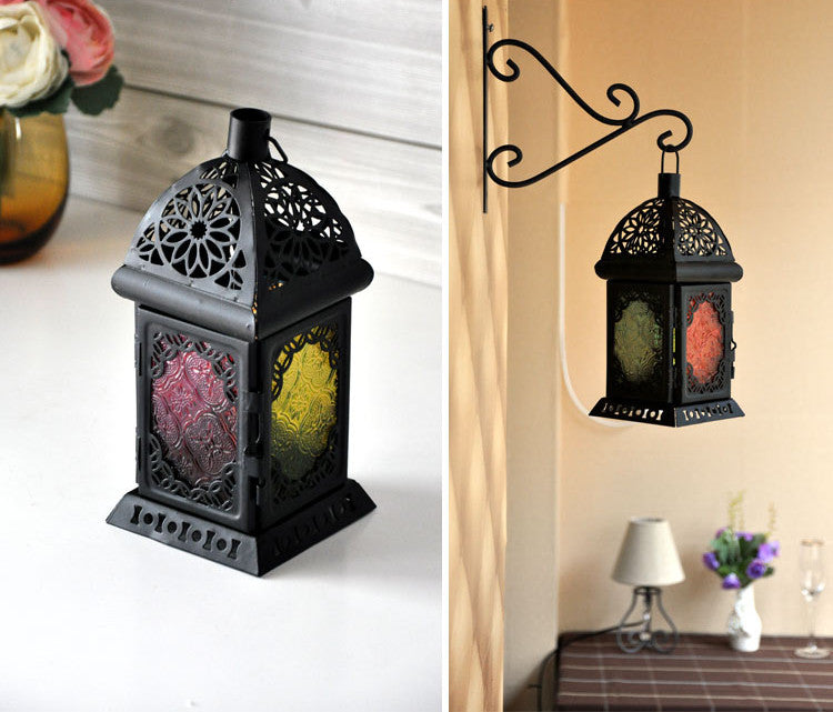 Moroccan‑Style Iron Stained Glass Wind Lamp – Retro Candle Table Decor for Home & Wedding