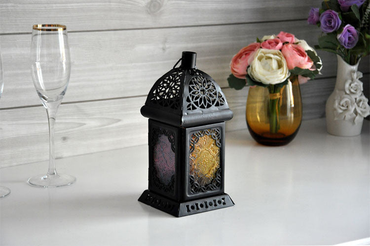 Moroccan‑Style Iron Stained Glass Wind Lamp – Retro Candle Table Decor for Home & Wedding