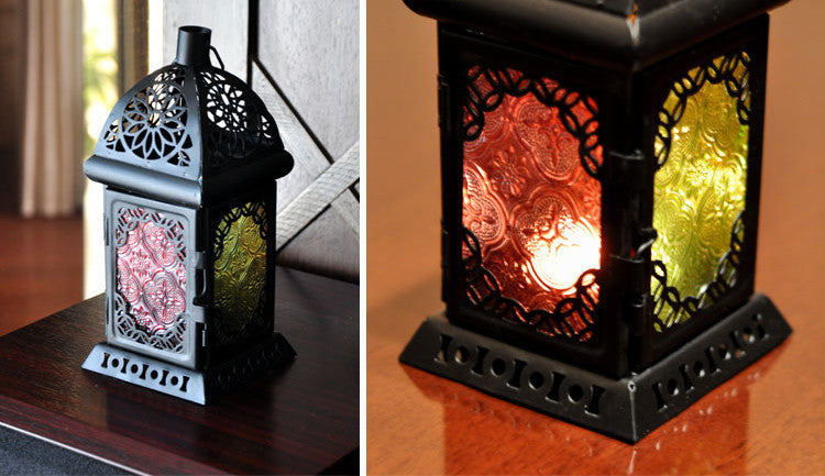 Moroccan‑Style Iron Stained Glass Wind Lamp – Retro Candle Table Decor for Home & Wedding