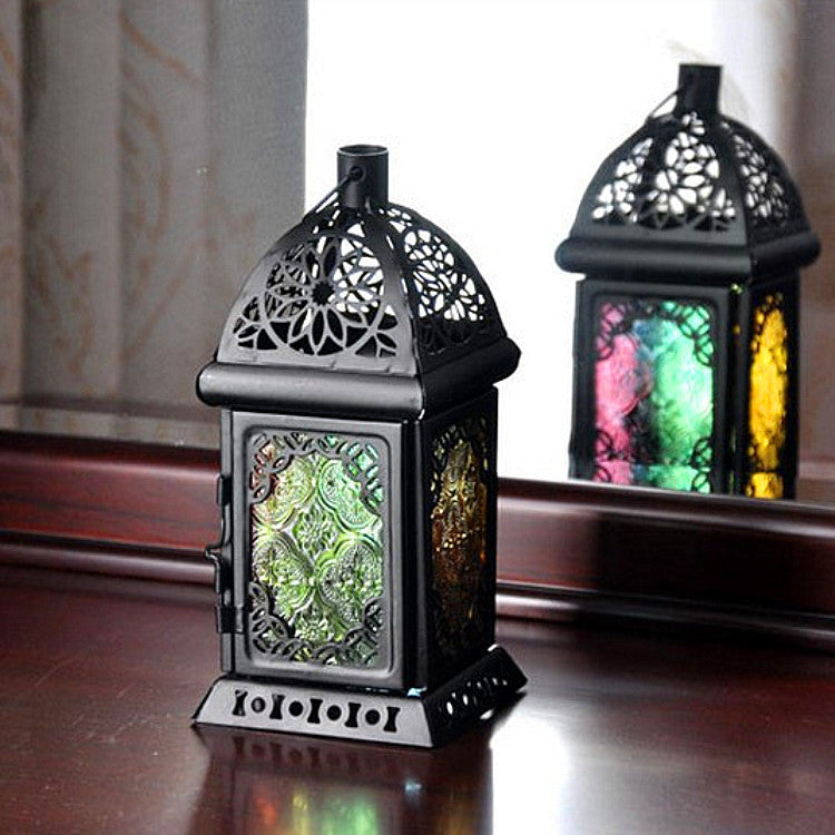 Moroccan‑Style Iron Stained Glass Wind Lamp – Retro Candle Table Decor for Home & Wedding