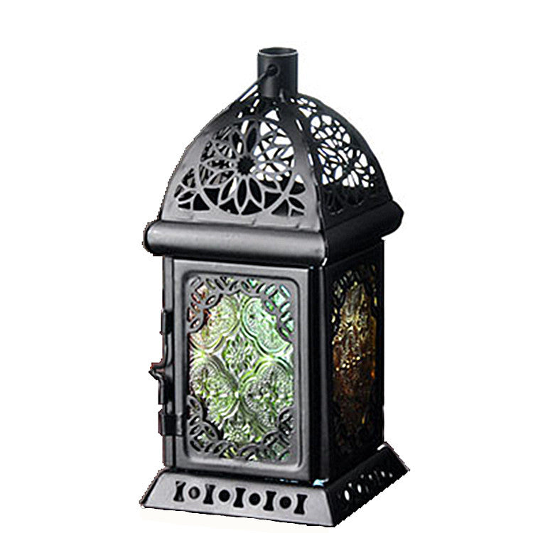 Moroccan‑Style Iron Stained Glass Wind Lamp – Retro Candle Table Decor for Home & Wedding