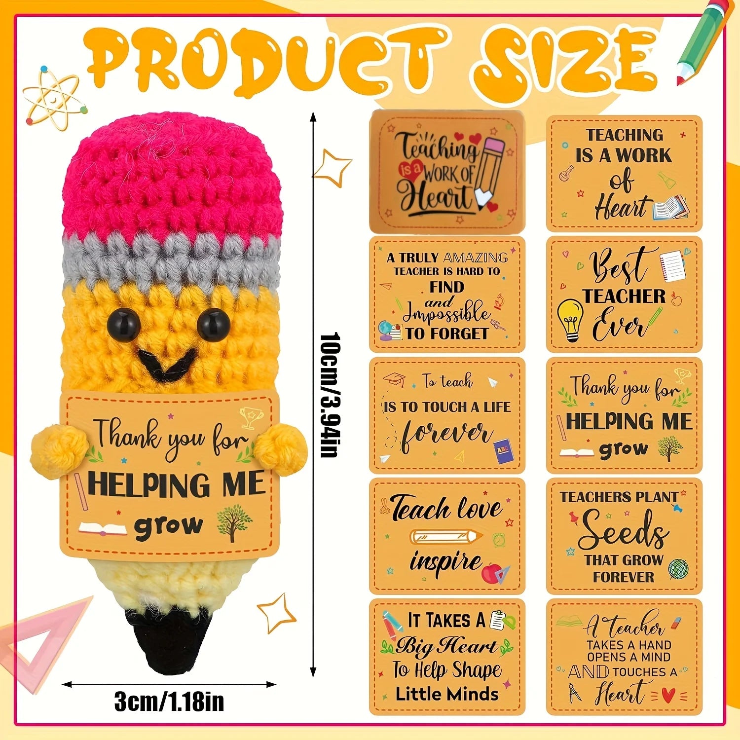 1pc Vibrant Yellow Crochet Pencil Amigurumi with "BEST TEACHER EVER" Gift Tag - Ideal for Teacher Appreciation & DIY Craft Decor
