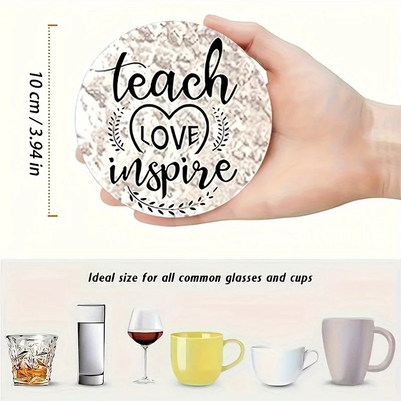 8pcs 2D Wooden Teacher Gratitude Coaster with Motivational Phrases Heat-resistant Beverage Mat For Coffee Tea Drink Teacher Gift