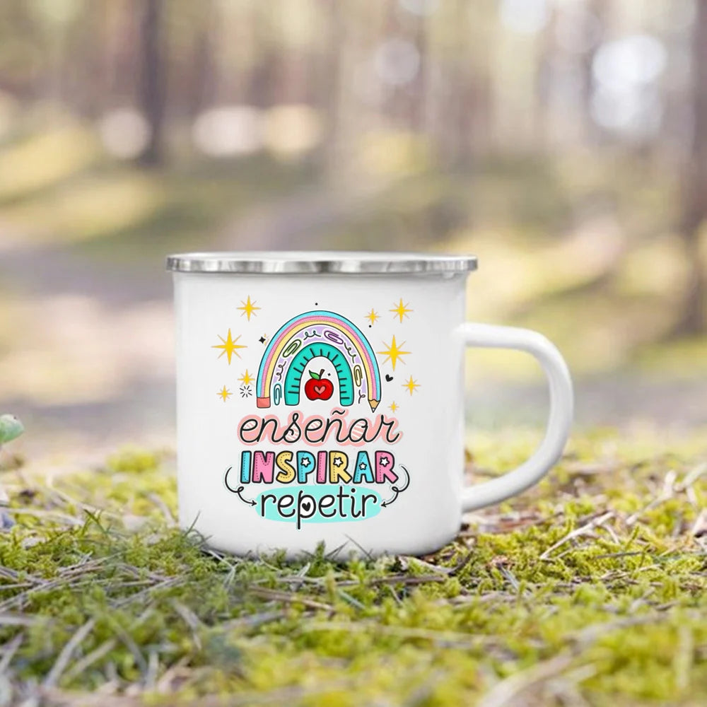 Best Teacher in The World Print Mug Creative Coffee Cup Drinks Enamel Cup Handle Drinkware Teacher's Day Thanks Gift for Teacher