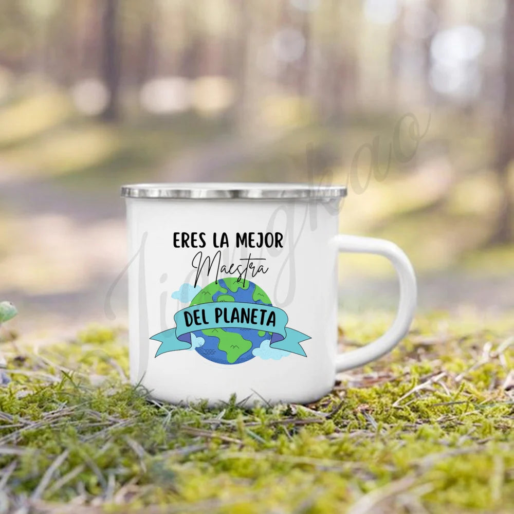Best Teacher in The World Print Mug Creative Coffee Cup Drinks Enamel Cup Handle Drinkware Teacher's Day Thanks Gift for Teacher