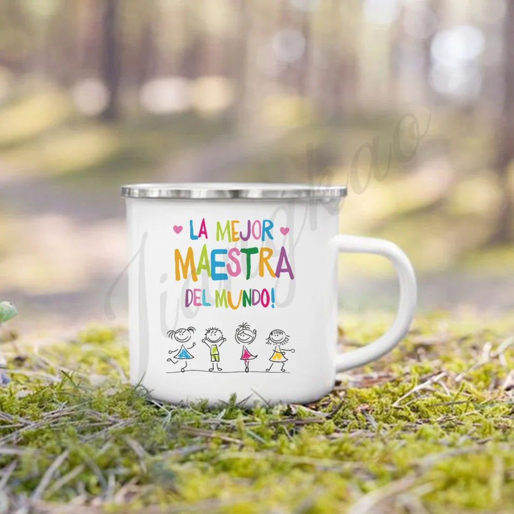 Best Teacher in The World Print Mug Creative Coffee Cup Drinks Enamel Cup Handle Drinkware Teacher's Day Thanks Gift for Teacher