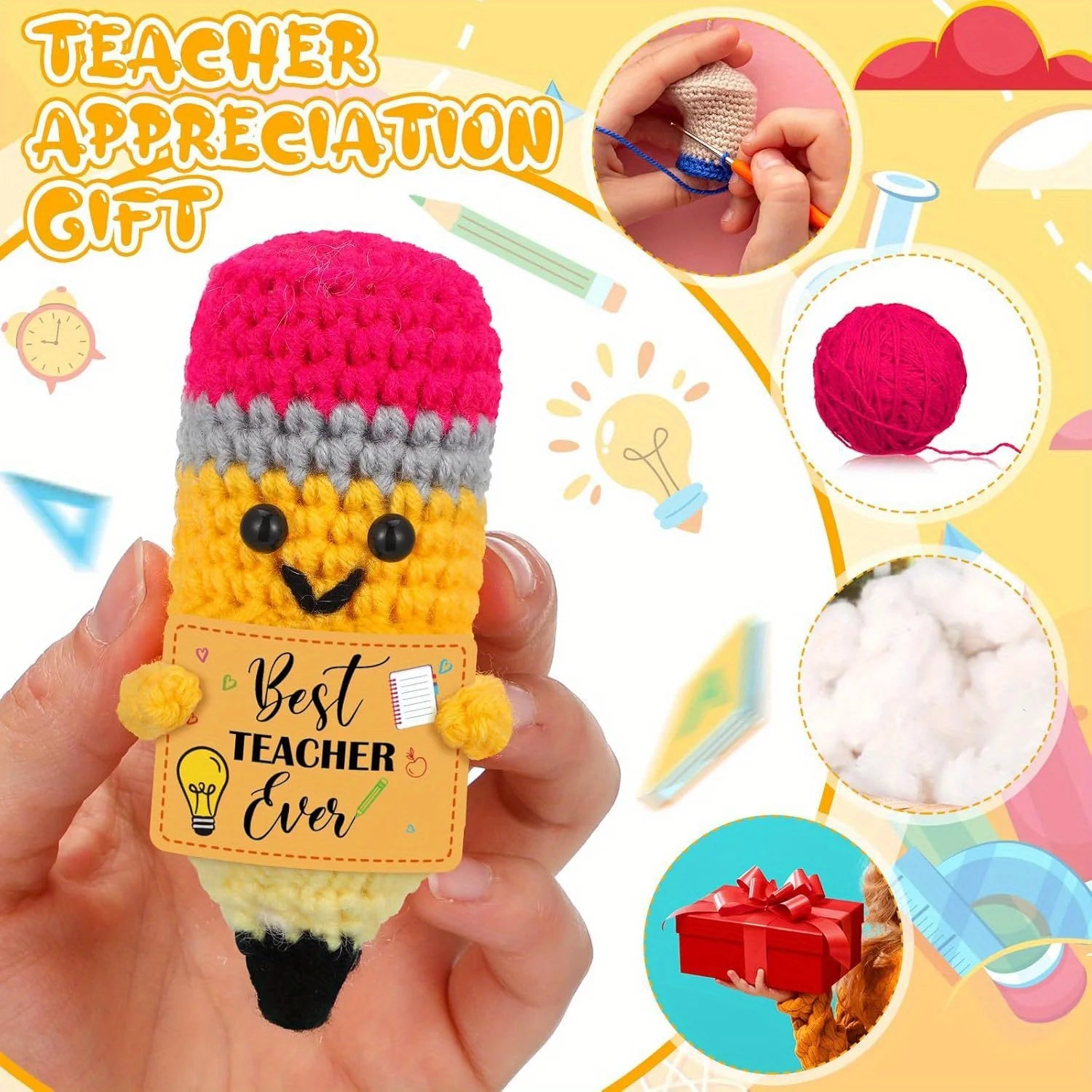 1pc Vibrant Yellow Crochet Pencil Amigurumi with "BEST TEACHER EVER" Gift Tag - Ideal for Teacher Appreciation & DIY Craft Decor