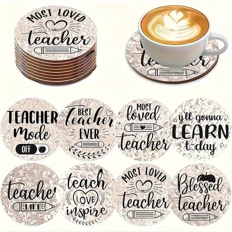 8pcs 2D Wooden Teacher Gratitude Coaster with Motivational Phrases Heat-resistant Beverage Mat For Coffee Tea Drink Teacher Gift