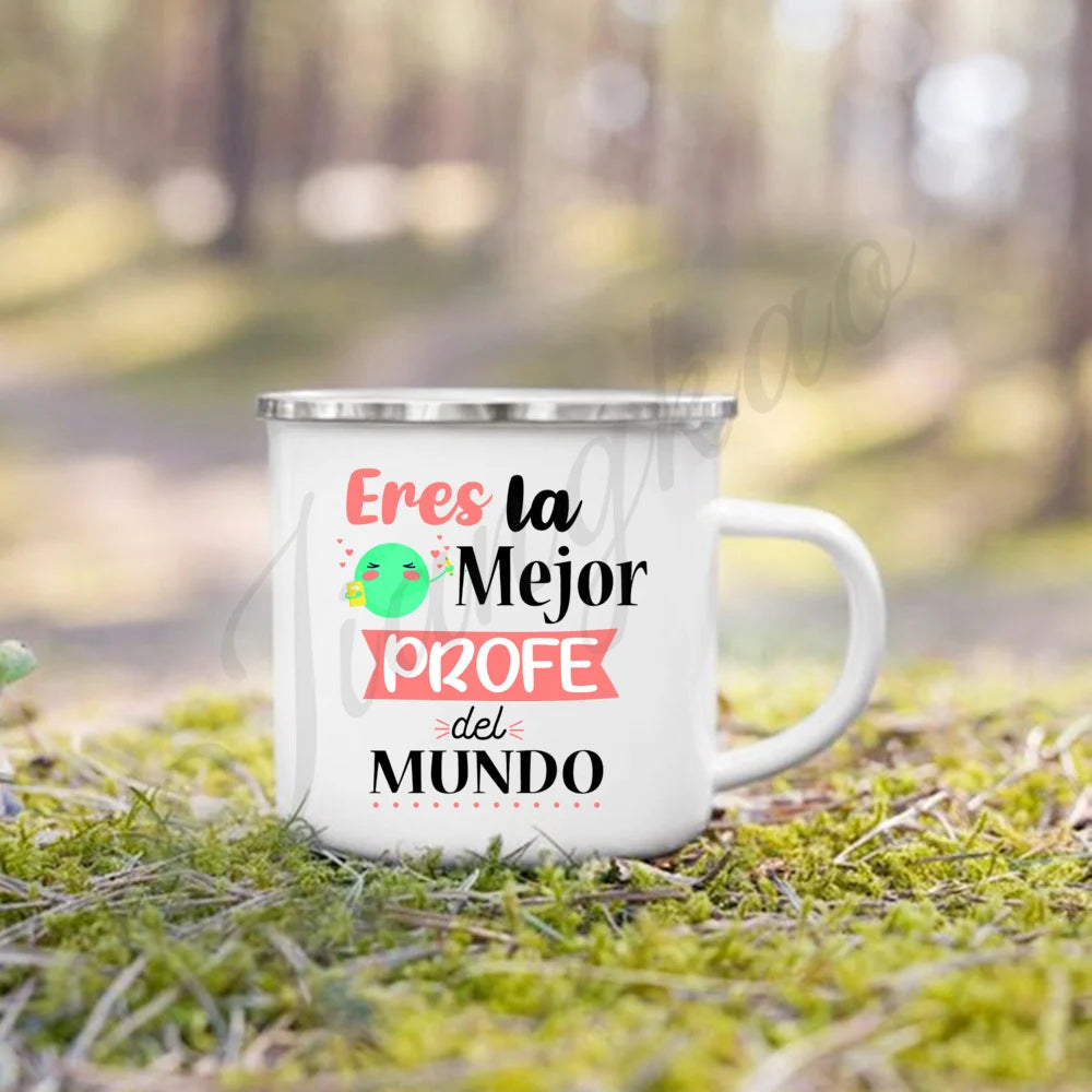 Best Teacher in The World Print Mug Creative Coffee Cup Drinks Enamel Cup Handle Drinkware Teacher's Day Thanks Gift for Teacher
