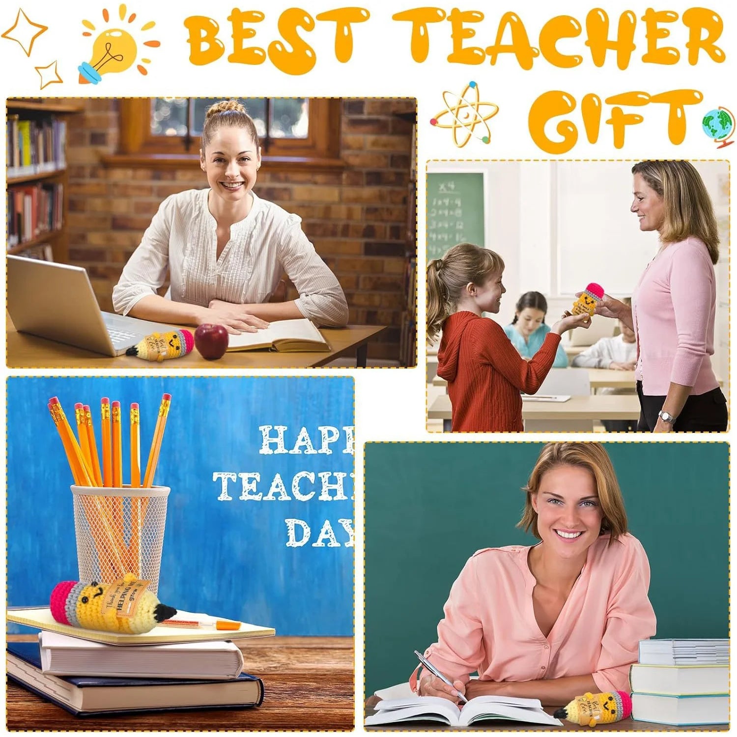 1pc Vibrant Yellow Crochet Pencil Amigurumi with "BEST TEACHER EVER" Gift Tag - Ideal for Teacher Appreciation & DIY Craft Decor
