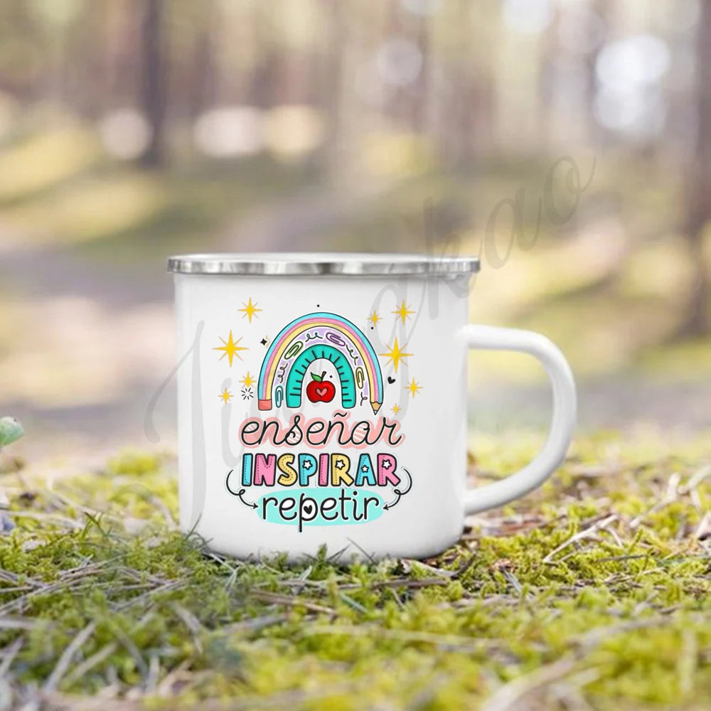 Best Teacher in The World Print Mug Creative Coffee Cup Drinks Enamel Cup Handle Drinkware Teacher's Day Thanks Gift for Teacher
