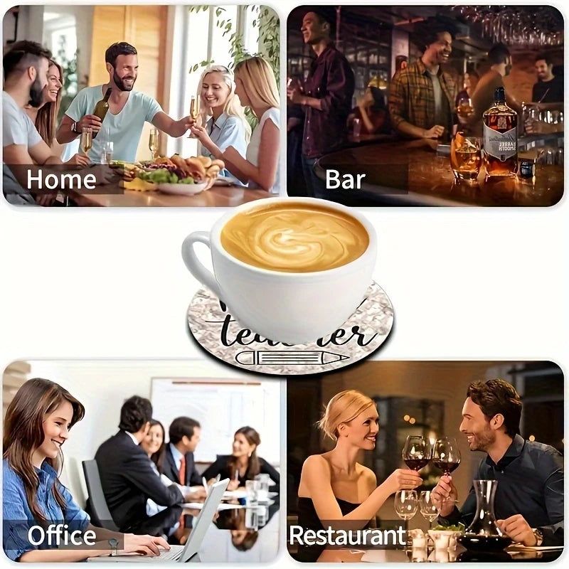 8pcs 2D Wooden Teacher Gratitude Coaster with Motivational Phrases Heat-resistant Beverage Mat For Coffee Tea Drink Teacher Gift