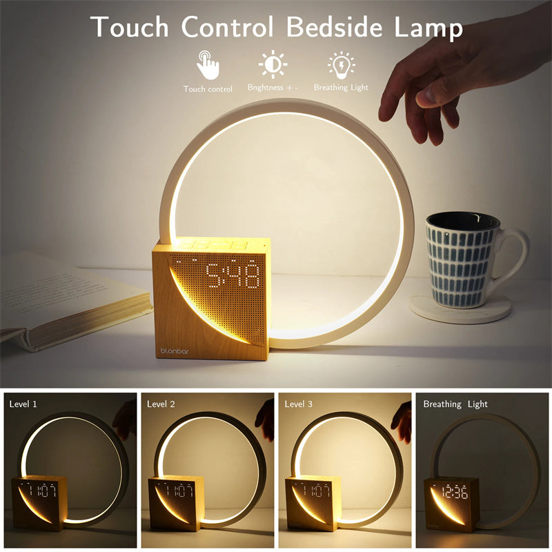 Touch Bedside Table Lamp with Natural Sounds – LED Alarm Clock Desk Lamp with 3-Level Dilemma Brightness